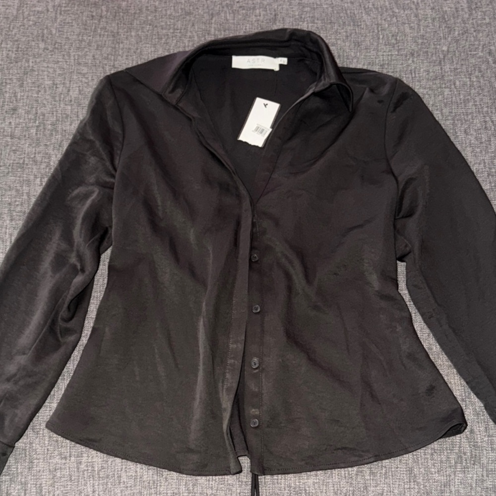 Astr Black Button-Down Satin Shirt